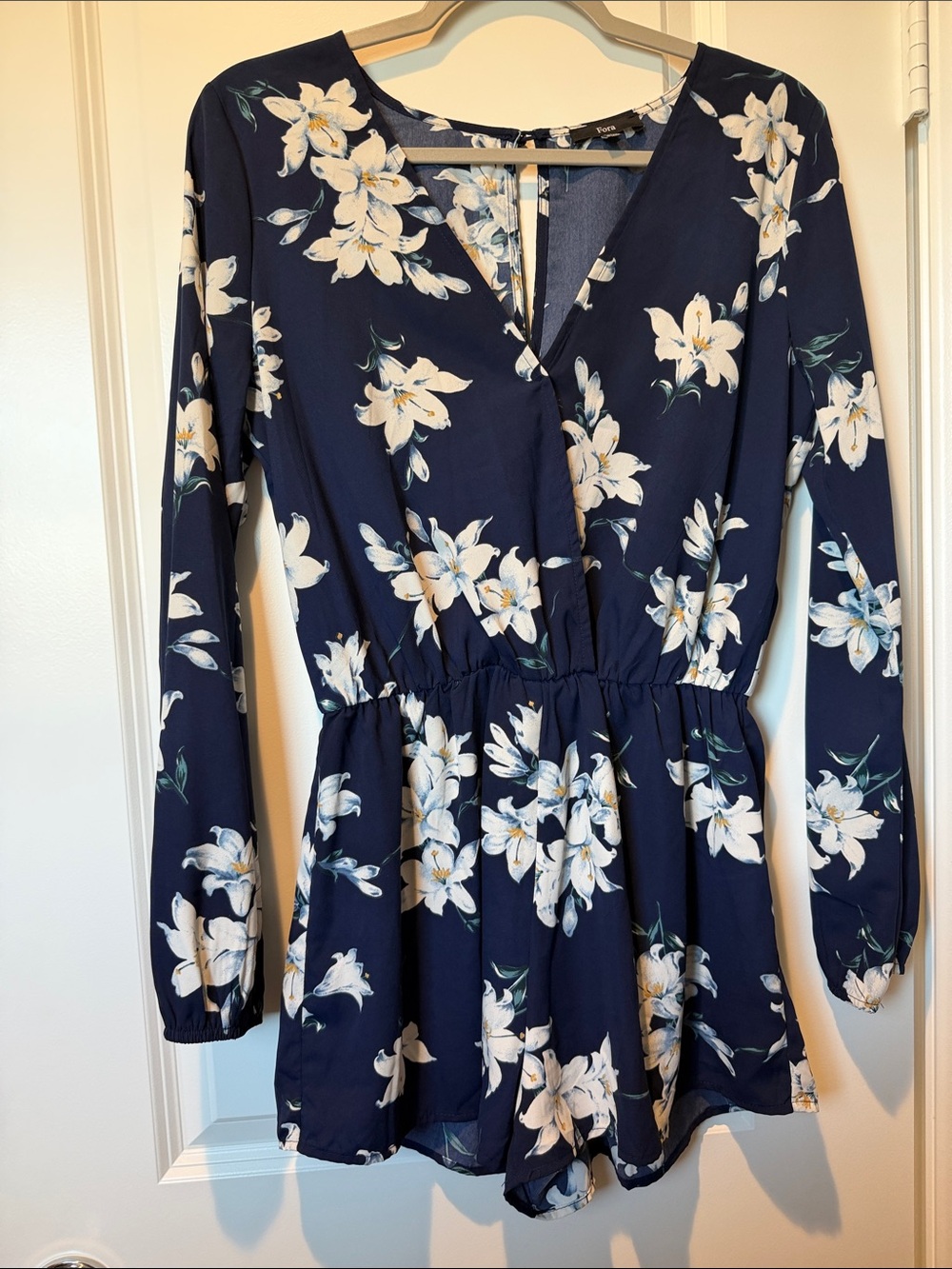 Floral Navy Long-Sleeve Surplice Romper